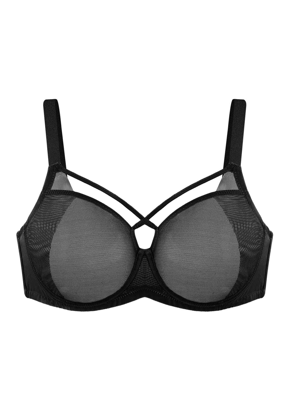 Billie Cross Front Strap Black Smooth Sheer Mesh Underwire Bra Set
