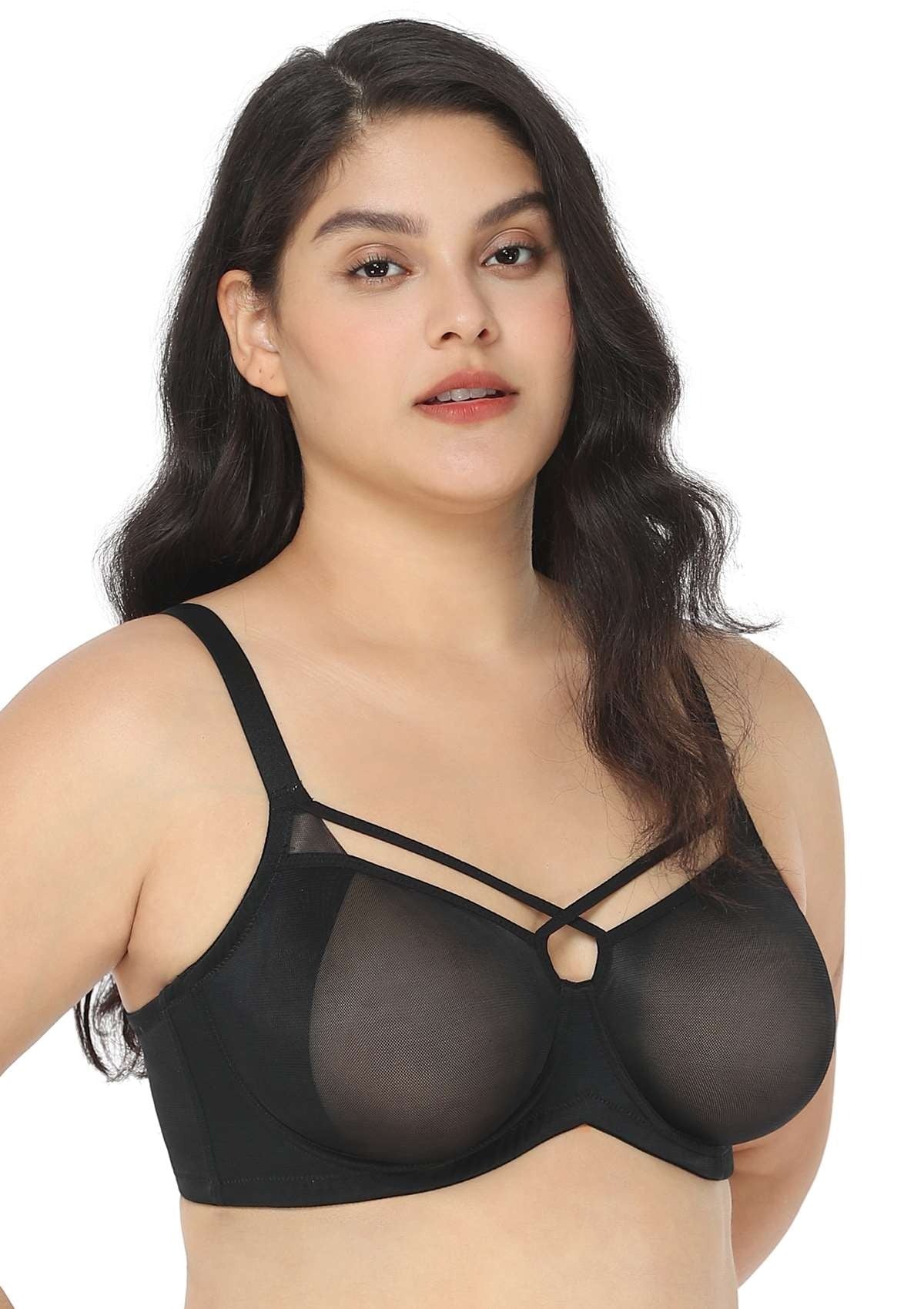 Billie Cross Front Strap Black Smooth Sheer Mesh Underwire Bra Set