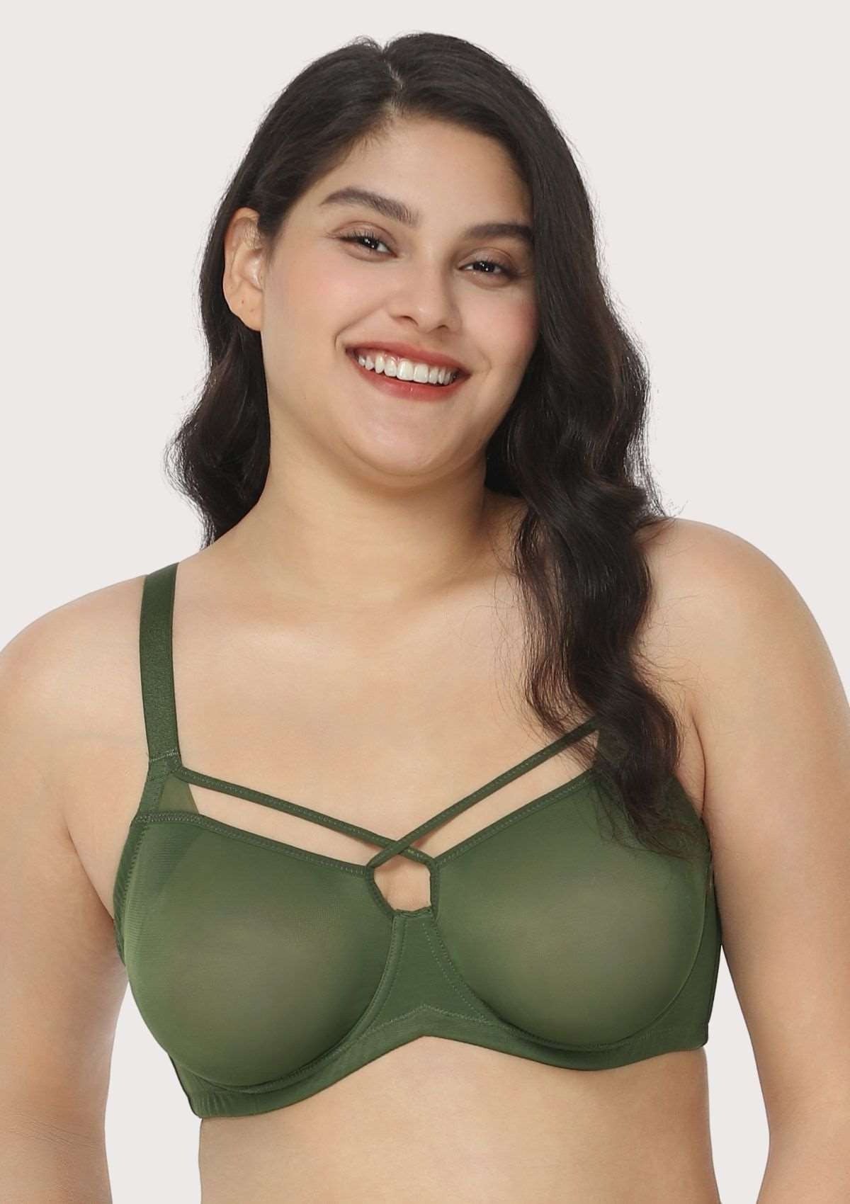 Billie Cross Front Strap Dark Green Smooth Sheer Mesh Underwire Bra