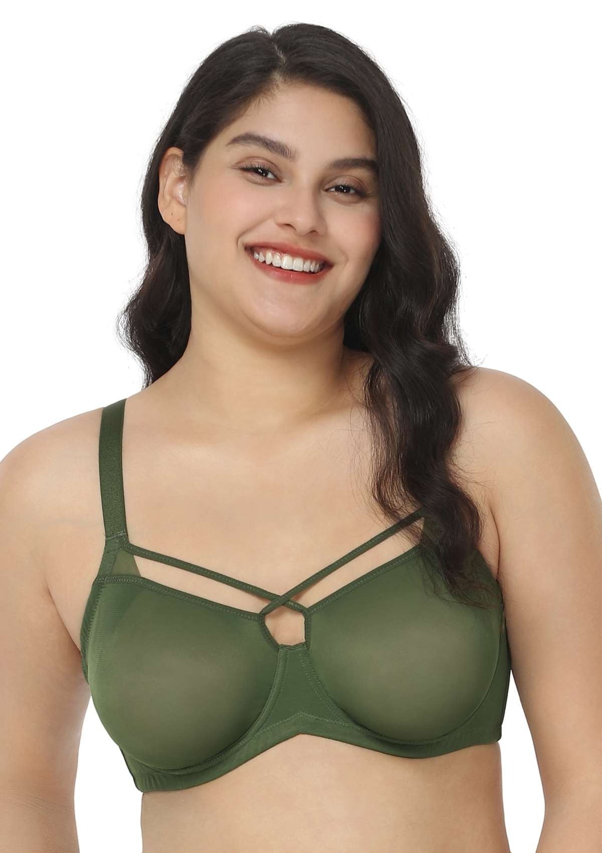 Billie Cross Front Strap Dark Green Smooth Sheer Mesh Underwire Bra