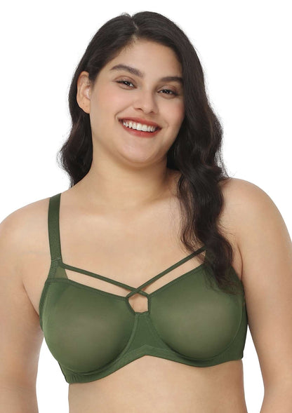Billie Cross Front Strap Dark Green Smooth Sheer Mesh Underwire Bra