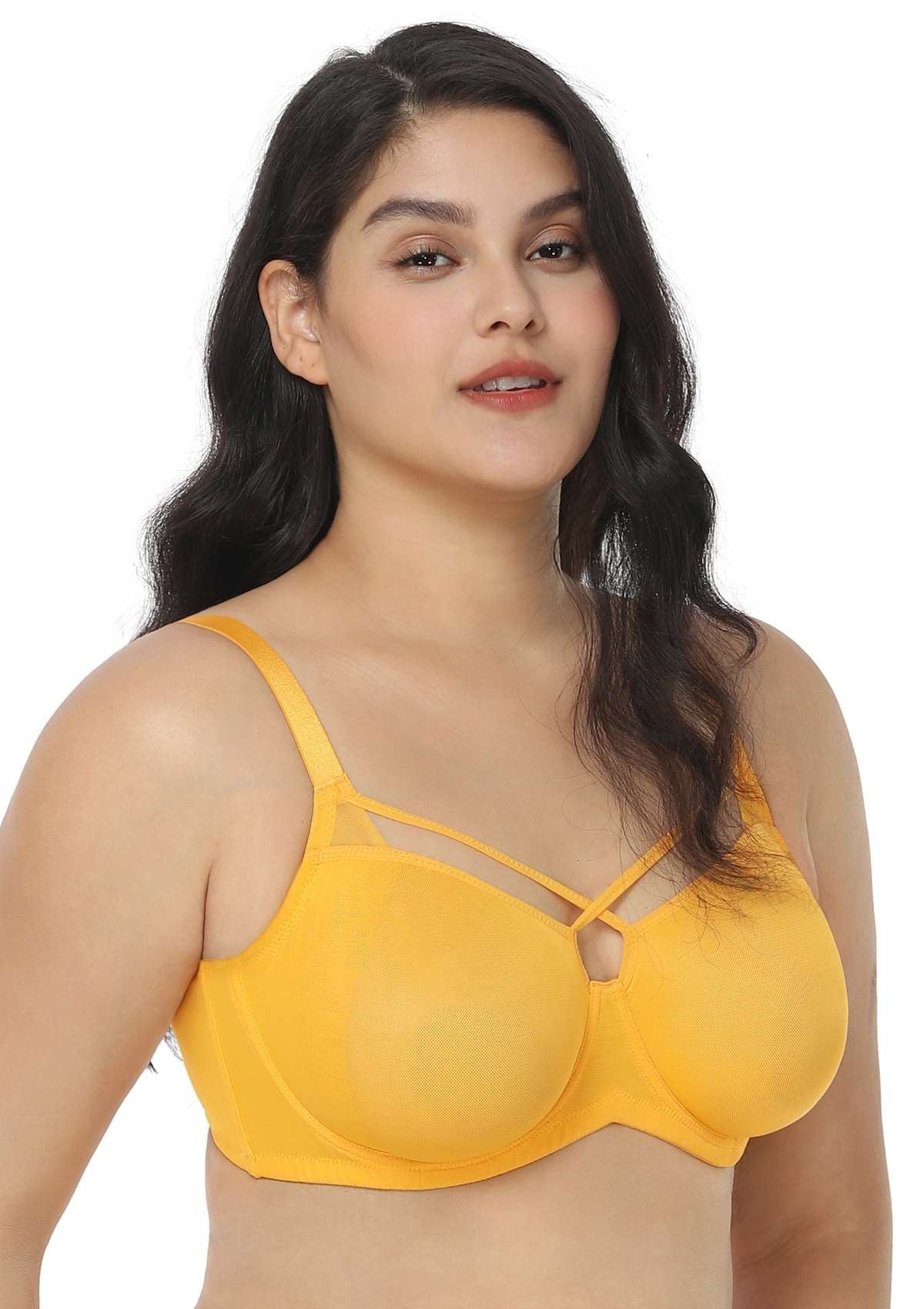 Billie Cross Front Strap Yellow Smooth Sheer Mesh Underwire Bra Set
